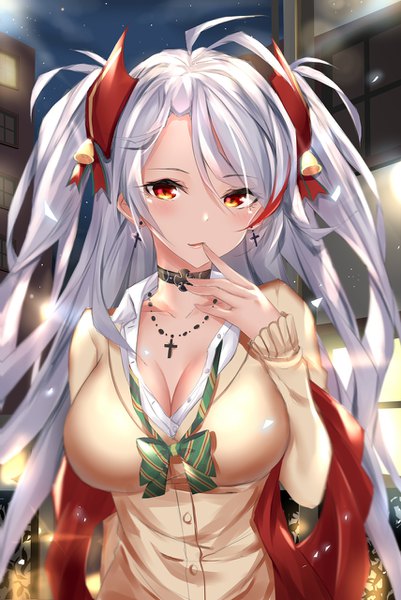 Anime picture 856x1280 with azur lane prinz eugen (azur lane) seedkeng single long hair tall image looking at viewer blush breasts light erotic red eyes large breasts sky cleavage silver hair upper body ahoge long sleeves parted lips two side up