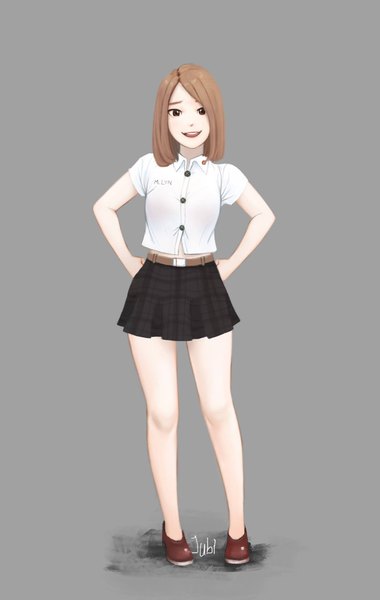Anime picture 1299x2048 with original lyn (jubi) jubi (regiana) single tall image looking at viewer short hair open mouth simple background brown hair standing brown eyes signed full body pleated skirt grey background bare legs short sleeves character names plaid skirt