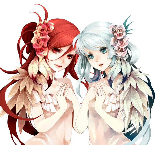 Anime picture 1066x1000 with original kai (linking) long hair looking at viewer open mouth blue eyes simple background red eyes white background bare shoulders multiple girls blue hair red hair aqua eyes lipstick girl flower (flowers) 2 girls frills rose (roses)
