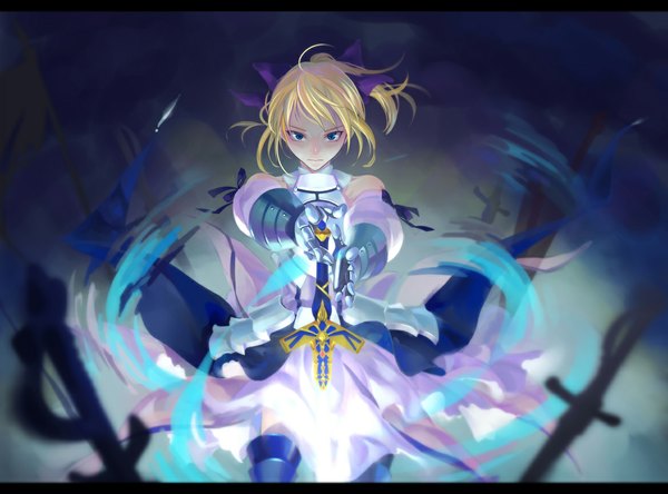 Anime picture 1169x867 with fate (series) fate/stay night studio deen type-moon artoria pendragon (all) saber saber lily sleeping-pig single short hair blue eyes blonde hair ahoge ponytail kneeling girl bow hair bow detached sleeves sword