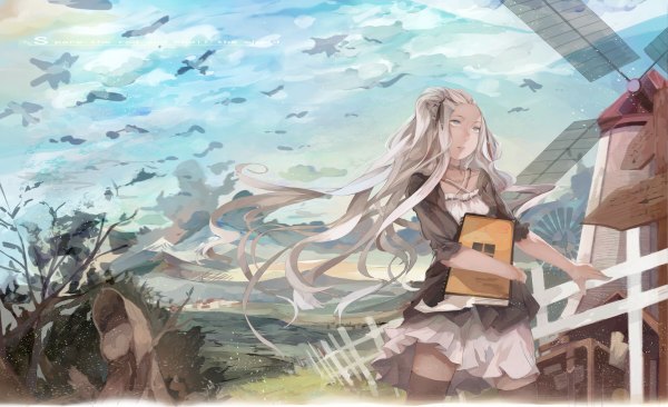 Anime picture 1200x732 with original shisu (binzo3) single long hair wide image sky silver hair cloud (clouds) wind silver eyes girl thighhighs skirt black thighhighs plant (plants) animal tree (trees) bird (birds) book (books) fence