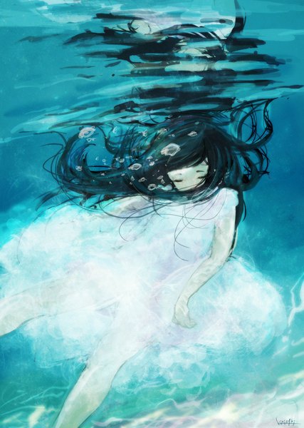 Anime picture 835x1174 with original kirisaki (artist) single long hair tall image black hair signed eyes closed reflection underwater girl dress water white dress bubble (bubbles)