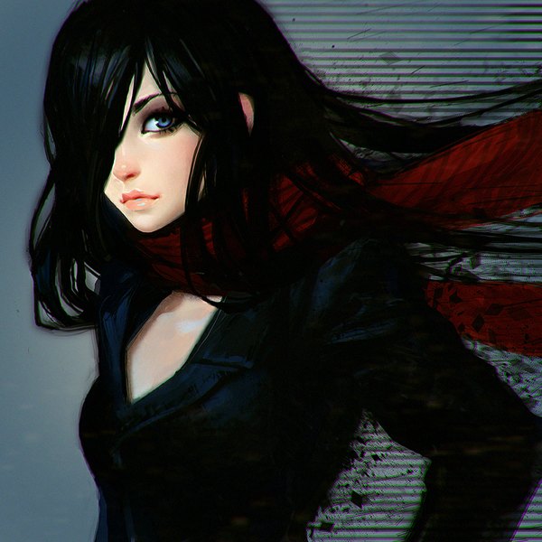 Anime picture 900x900 with original ilya kuvshinov single long hair looking at viewer fringe blue eyes black hair simple background wind lips hair over one eye grey background hands on hips girl scarf red scarf