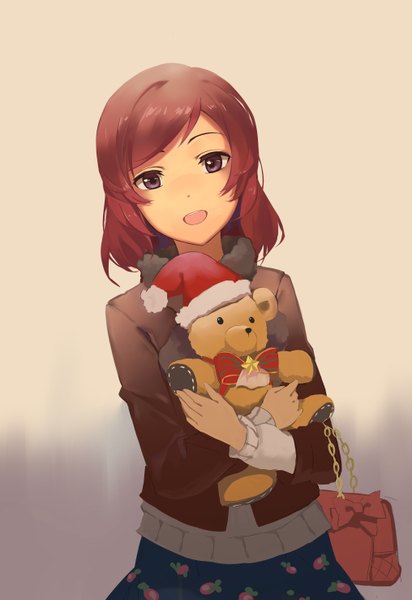 Anime picture 2031x2952 with love live! school idol project sunrise (studio) love live! nishikino maki huanxiang heitu single tall image fringe highres short hair open mouth standing purple eyes red hair hug happy christmas crossed arms revision girl