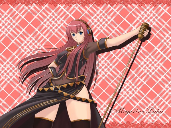 Anime picture 1332x1000 with vocaloid megurine luka seiryu zaiten single long hair looking at viewer blush blue eyes pink hair midriff legs girl thighhighs headphones microphone stand