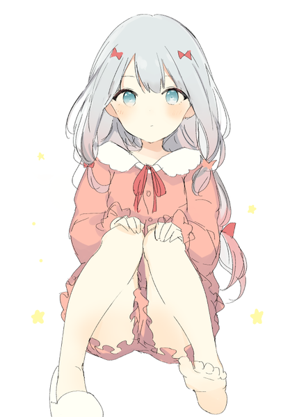 Anime picture 650x914 with eromanga sensei a-1 pictures izumi sagiri lpip single long hair tall image looking at viewer blush fringe blue eyes simple background hair between eyes white background sitting silver hair full body hand on knee knees touching knees together feet apart