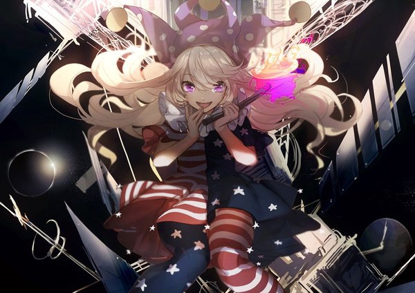 Anime picture 1000x708 with touhou clownpiece no-kan single long hair looking at viewer fringe open mouth blonde hair smile hair between eyes purple eyes floating hair striped polka dot star print girl dress hat pantyhose