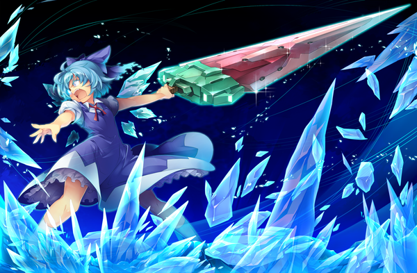 Anime picture 1600x1050 with touhou cirno kokka han single short hair open mouth blue eyes blue hair girl dress bow weapon hair bow sword wings socks white socks ice