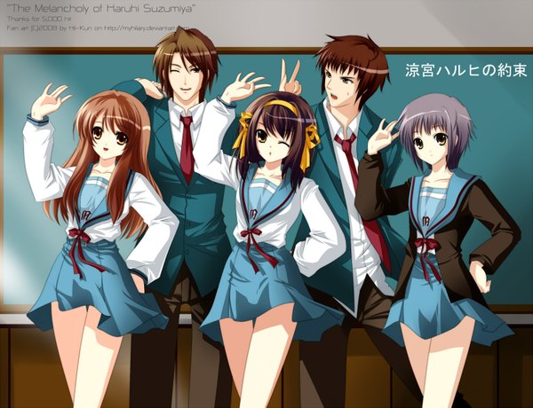 Anime picture 1600x1228 with suzumiya haruhi no yuutsu kyoto animation suzumiya haruhi nagato yuki asahina mikuru kyon koizumi itsuki myhilary long hair short hair open mouth smile brown hair multiple girls brown eyes purple hair one eye closed wink inscription sweat