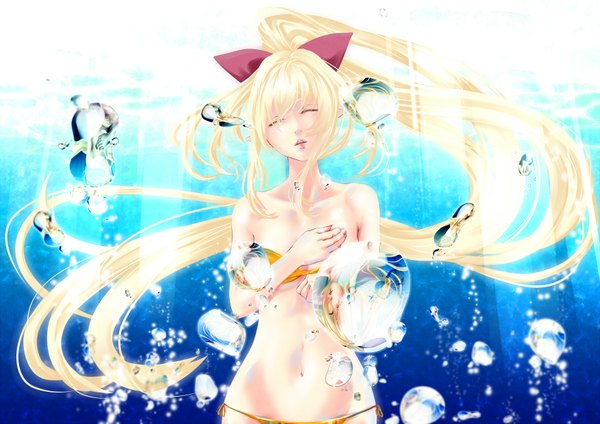 Anime picture 1754x1240 with poker-face-008 single blush highres open mouth light erotic blonde hair bare shoulders ponytail eyes closed very long hair lips sunlight bare belly partially submerged hand on chest covering covering breasts girl navel