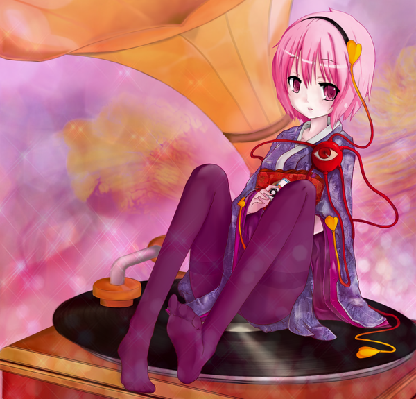 Anime picture 1772x1701 with touhou komeiji satori highres short hair pink hair japanese clothes pink eyes girl pantyhose heart kimono