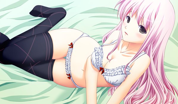 Anime picture 1024x600 with akikaze personal (game) long hair light erotic wide image pink hair game cg black eyes underwear only girl thighhighs underwear panties black thighhighs