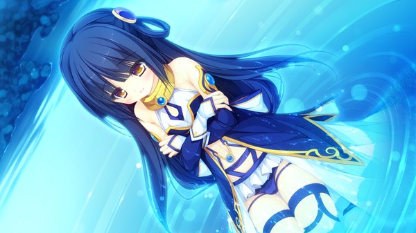 Anime picture 1920x1080 with kujiragami no tearstilla riru whale mikagami mamizu single long hair highres black hair wide image yellow eyes looking away game cg girl dress hair ornament detached sleeves water