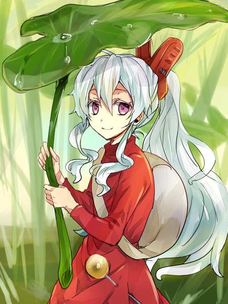 Anime picture 1050x1400 with kagerou project the borrower arrietty shaft (studio) studio ghibli mary (kagerou project) tomozero single long hair tall image looking at viewer fringe smile hair between eyes purple eyes payot white hair ponytail cosplay minigirl arrietty (cosplay)