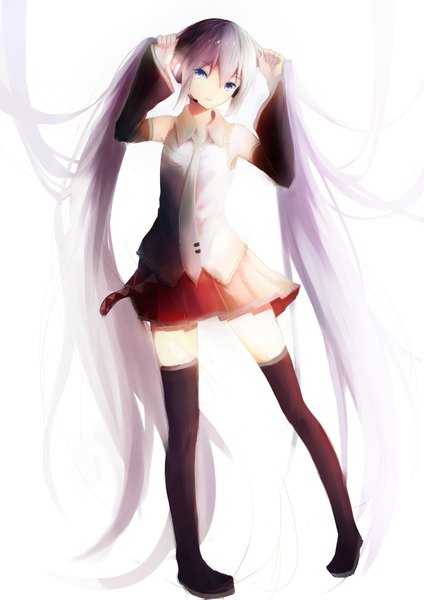 Anime picture 2480x3507 with vocaloid hatsune miku shimmer single tall image looking at viewer fringe highres blue eyes simple background hair between eyes standing white background twintails bare shoulders holding payot silver hair very long hair head tilt