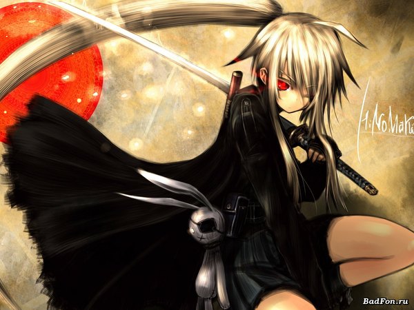 Anime picture 1024x768 with tagme (artist) single long hair red eyes one eye closed wink side ponytail girl weapon sword katana toy cloak stuffed animal bunny fanny pack