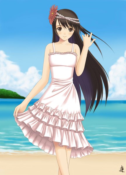 Anime picture 2125x2952 with original xiao lian single long hair tall image blush highres black hair brown eyes signed beach girl hair ornament sundress