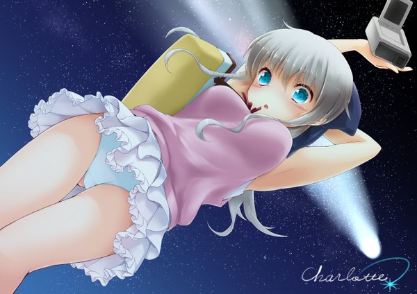 Anime picture 1563x1105 with charlotte p.a. works tomori nao asahi (ge nyu) single long hair blush open mouth blue eyes light erotic hair between eyes payot silver hair arms up from below pantyshot copyright name frilly skirt shooting star girl