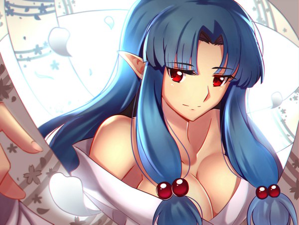 Anime picture 1600x1207 with tsugumomo kiriha (tsugumomo) paperfinger single long hair looking at viewer fringe breasts light erotic red eyes bare shoulders blue hair cleavage traditional clothes japanese clothes light smile pointy ears off shoulder depth of field girl