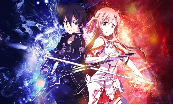 Anime picture 1280x768 with sword art online a-1 pictures yuuki asuna kirigaya kazuto long hair short hair black hair wide image purple eyes twintails brown eyes pink hair light smile back to back girl dress boy weapon sword