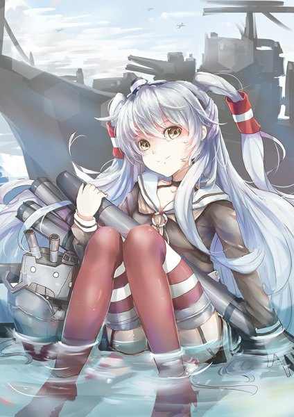 Anime picture 744x1053 with kantai collection amatsukaze destroyer rensouhou-kun teeth (artist) single long hair tall image smile sitting yellow eyes looking away silver hair two side up girl thighhighs weapon hat water hair tubes sailor suit