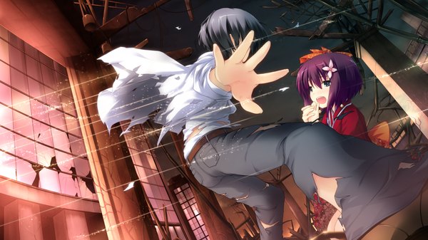 Anime picture 1024x576 with sukimazakura to uso no machi short hair open mouth black hair wide image game cg purple hair black eyes loli tears girl boy