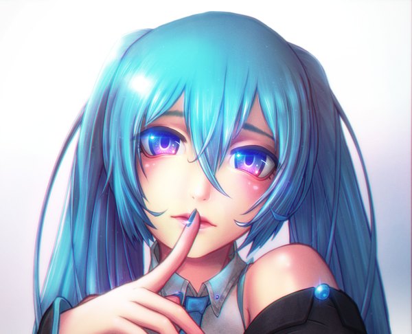 Anime picture 1960x1590 with vocaloid hatsune miku tsiox single long hair looking at viewer blush fringe highres blue eyes simple background hair between eyes twintails bare shoulders nail polish fingernails aqua hair sparkle gradient background finger to mouth