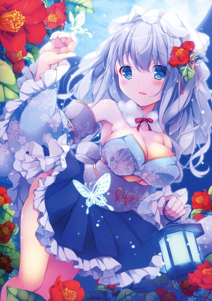 Anime picture 2391x3399 with original yumemiya subaru single long hair tall image blush highres breasts open mouth blue eyes light erotic large breasts bare shoulders blue hair cleavage traditional clothes japanese clothes pleated skirt hair flower scan