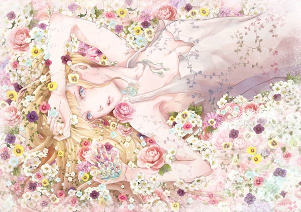 Anime picture 2480x1754 with original +1 (yakusoku0722) single long hair looking at viewer highres breasts open mouth blue eyes light erotic blonde hair holding cleavage lying fingernails from above girl dress flower (flowers) white dress