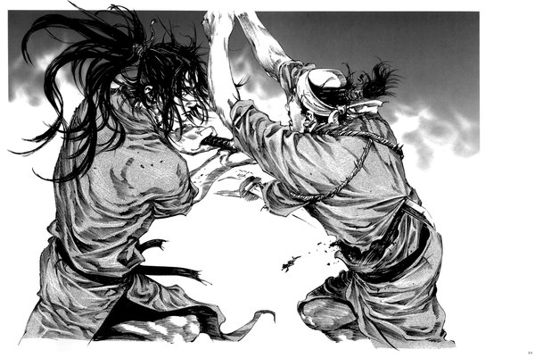 Anime picture 2394x1600 with vagabond inoue takehiko highres monochrome battle boy weapon sword katana