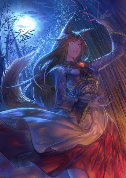 Anime picture 1062x1500 with touhou imaizumi kagerou ant of spirit single long hair tall image red eyes brown hair animal ears looking away cloud (clouds) tail animal tail fingernails wind night long fingernails wolf ears wolf tail bamboo forest
