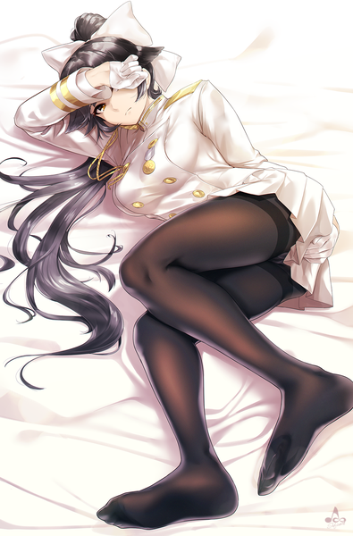 Anime picture 1200x1821 with azur lane takao (azur lane) infinote single long hair tall image light erotic black hair brown eyes full body bent knee (knees) ponytail lying pleated skirt on side covering eye (eyes) girl skirt gloves uniform