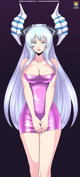 Anime picture 1357x3000 with hyperdimension neptunia mk2 kiseijou rei rei ryghts kyoffie12 single long hair tall image looking at viewer fringe breasts blue eyes light erotic simple background large breasts bare shoulders silver hair lips girl
