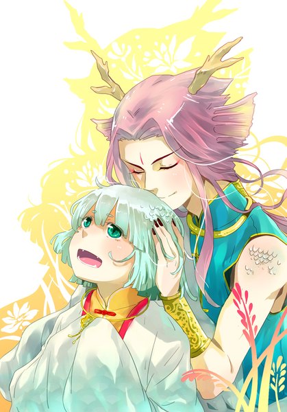 Anime picture 700x1001 with original chacha tall image blush short hair open mouth simple background smile white background green eyes payot purple hair eyes closed long sleeves traditional clothes head tilt horn (horns) fingernails green hair wide sleeves