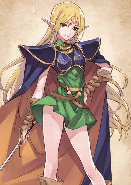 Anime picture 850x1200 with record of lodoss war deedlit matsuryuu single long hair tall image looking at viewer blonde hair green eyes pointy ears hand on hip elf girl dress weapon sword armor cape spaulder (spaulders) circlet