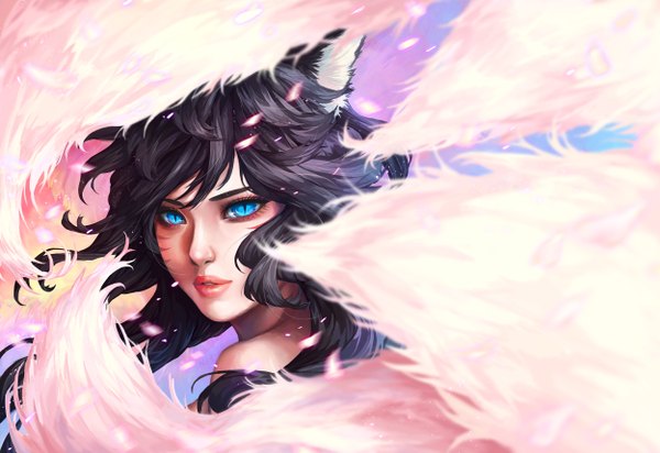 Anime picture 2500x1720 with league of legends ahri (league of legends) edenofe single long hair looking at viewer highres blue eyes black hair animal ears tail animal tail lips wallpaper fox ears facial mark fox tail fox girl eyebrows multiple tails