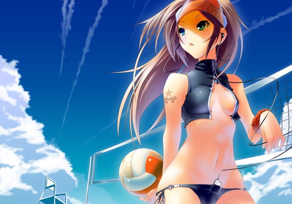 Anime picture 1362x957 with nilitsu niritsu breasts blue eyes light erotic sky cloud (clouds) tattoo wallpaper sideboob playing sports volleyball beach volleyball underwear panties swimsuit bikini headphones black bikini side-tie bikini