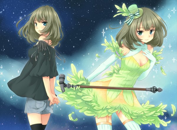 Anime picture 1355x1000 with idolmaster idolmaster cinderella girls takagaki kaede hato37 looking at viewer short hair blue eyes brown hair looking back glow dual persona lime green feather girl thighhighs dress bow black thighhighs hat shorts star (stars)