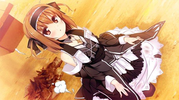 Anime picture 1280x720 with ano ko wa ore kara hanarenai giga miyama momiji short hair brown hair wide image twintails brown eyes game cg short twintails girl dress ribbon (ribbons) hair ribbon detached sleeves hairband