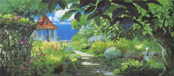 Anime picture 1157x511 with porco rosso studio ghibli kazuo oga wide image sky cloud (clouds) shadow no people landscape nature flower (flowers) plant (plants) tree (trees) water sea leaf (leaves) grass stairs stone (stones) roof