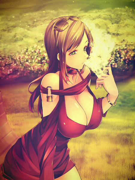 Anime picture 1500x2000 with original bonkiru single long hair tall image breasts light erotic brown hair large breasts sitting green eyes payot looking away cleavage outdoors off shoulder huge breasts smoke sunglasses on head halterneck