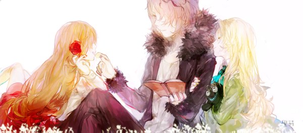 Anime picture 1200x527 with ib (game) garry (ib) ib (ib) mary (ib) juexing (moemoe3345) long hair fringe short hair blonde hair simple background brown hair wide image white background sitting multiple girls holding purple hair hair flower crossed legs girl