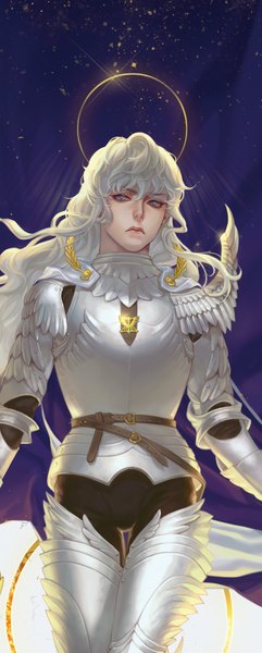 Anime picture 772x1920 with berserk griffith kenny single long hair tall image looking at viewer fringe blue eyes white hair night from below night sky wavy hair boy belt armor halo