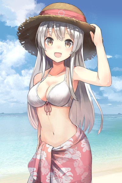 Anime picture 1222x1827 with kantai collection shoukaku aircraft carrier nanashina (artist) single tall image looking at viewer blush breasts open mouth light erotic smile large breasts standing bare shoulders yellow eyes sky silver hair cloud (clouds) :d beach