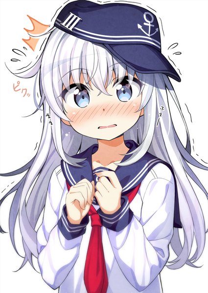 Anime picture 3097x4372 with kantai collection hibiki destroyer macchaume single long hair tall image looking at viewer blush fringe highres blue eyes simple background white background absurdres silver hair embarrassed hieroglyph surprised messy hair girl