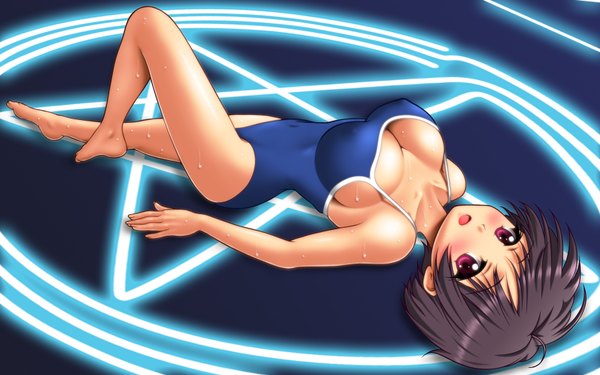 Anime picture 1680x1050 with chuunibyou demo koi ga shitai! kyoto animation tsuyuri kumin kimuti-g single blush short hair breasts open mouth light erotic black hair red eyes wide image large breasts lying barefoot magic girl swimsuit magic circle