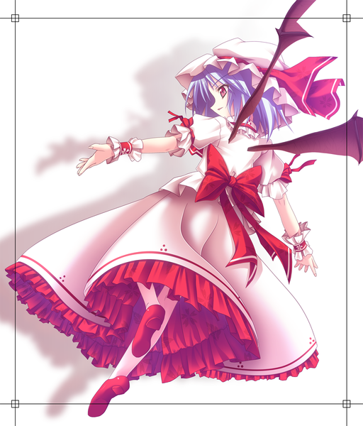 Anime picture 1025x1200 with touhou remilia scarlet ina (inadahime) single tall image short hair red eyes blue hair looking back bat wings girl dress bow hat wings