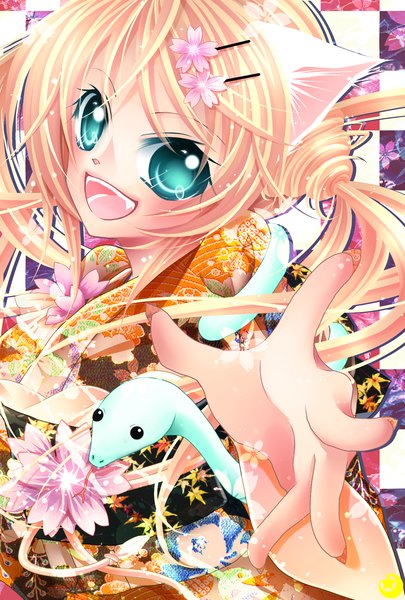 Anime picture 1181x1748 with original midzuki single long hair tall image looking at viewer blush open mouth blonde hair twintails animal ears japanese clothes aqua eyes cat ears girl hair ornament flower (flowers) kimono hairclip obi