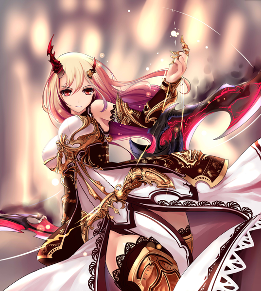 Anime picture 964x1078 with shingeki no bahamut dark angel olivia x2 single long hair tall image looking at viewer fringe breasts blonde hair red eyes large breasts bare shoulders holding pink hair multicolored hair arm up horn (horns) gradient hair oni horns