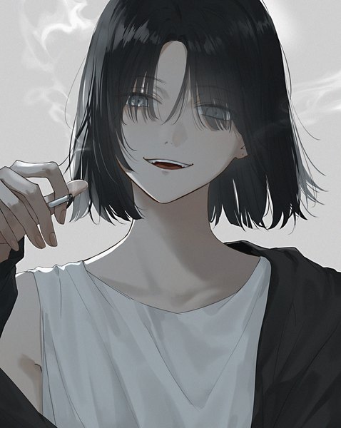 Anime picture 2262x2838 with original hama m single tall image looking at viewer highres short hair open mouth black hair upper body :d grey eyes smoke hair over eyes boy cigarette